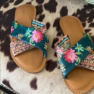 Johnny Was Floral Patterned Sandals - Blue and Pink